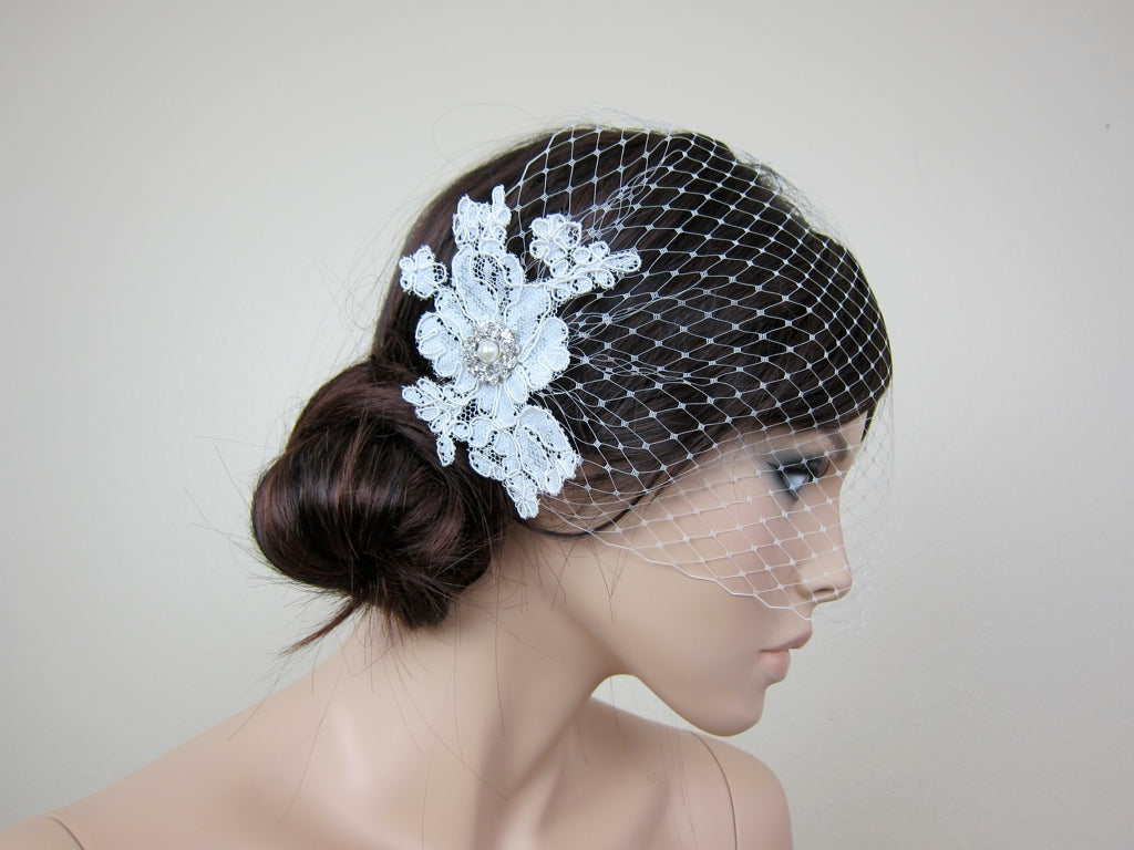 Ivory blusher birdcage veil with alencon lace BVF009n
