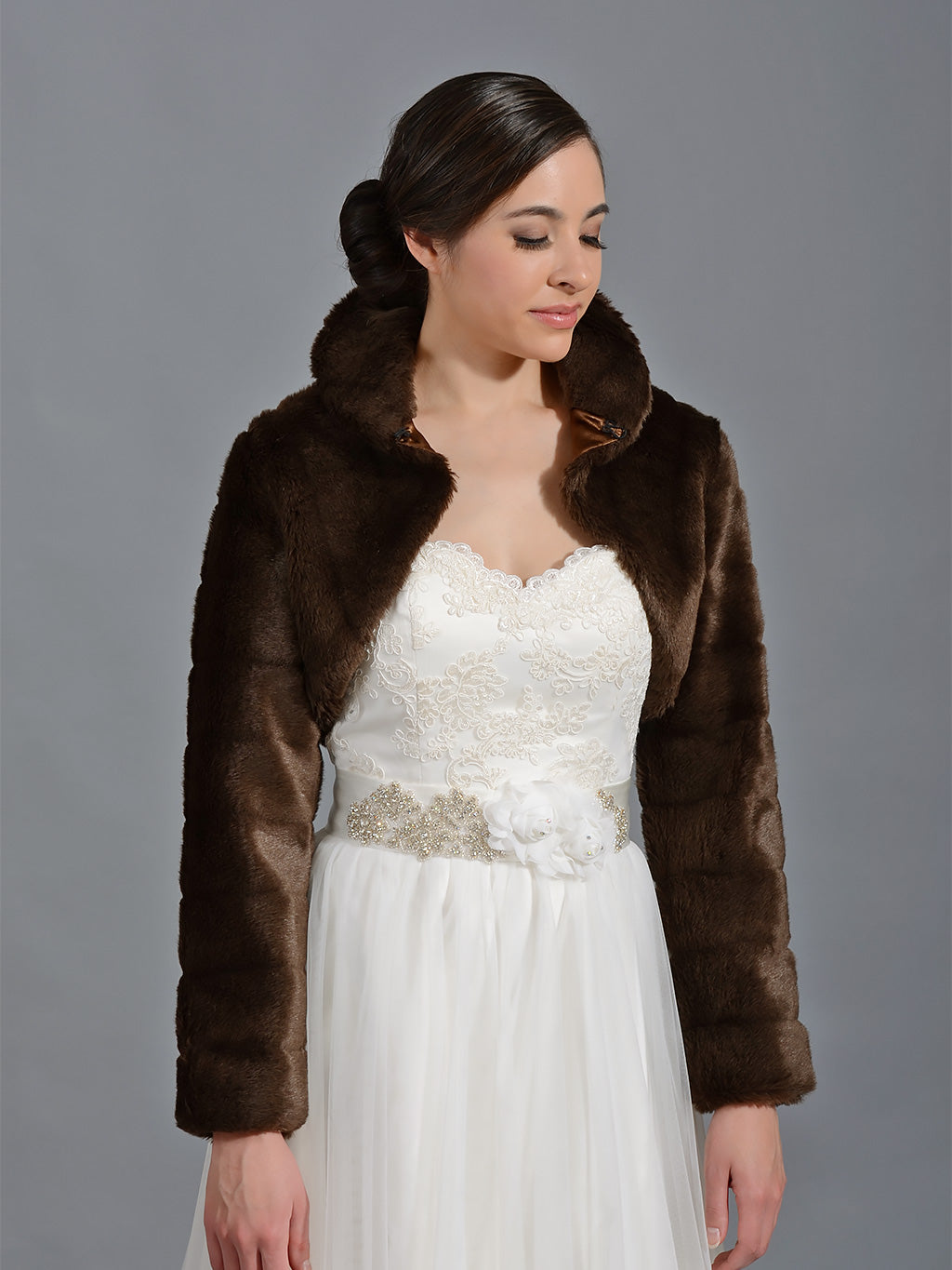 Brown long sleeve faux fur bolero jacket