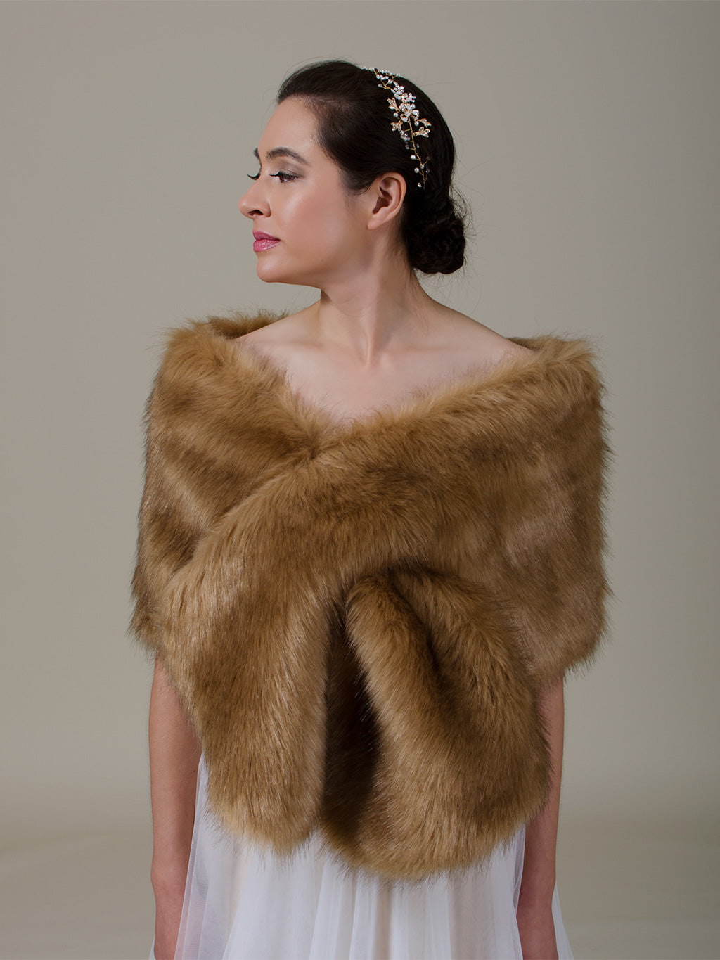 Brown faux fur wrap bridal shawl