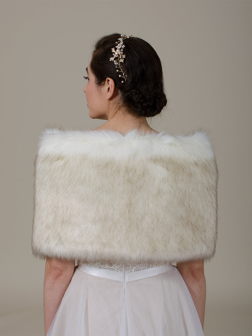 Ivory faux fur wrap bridal stole with brown tips