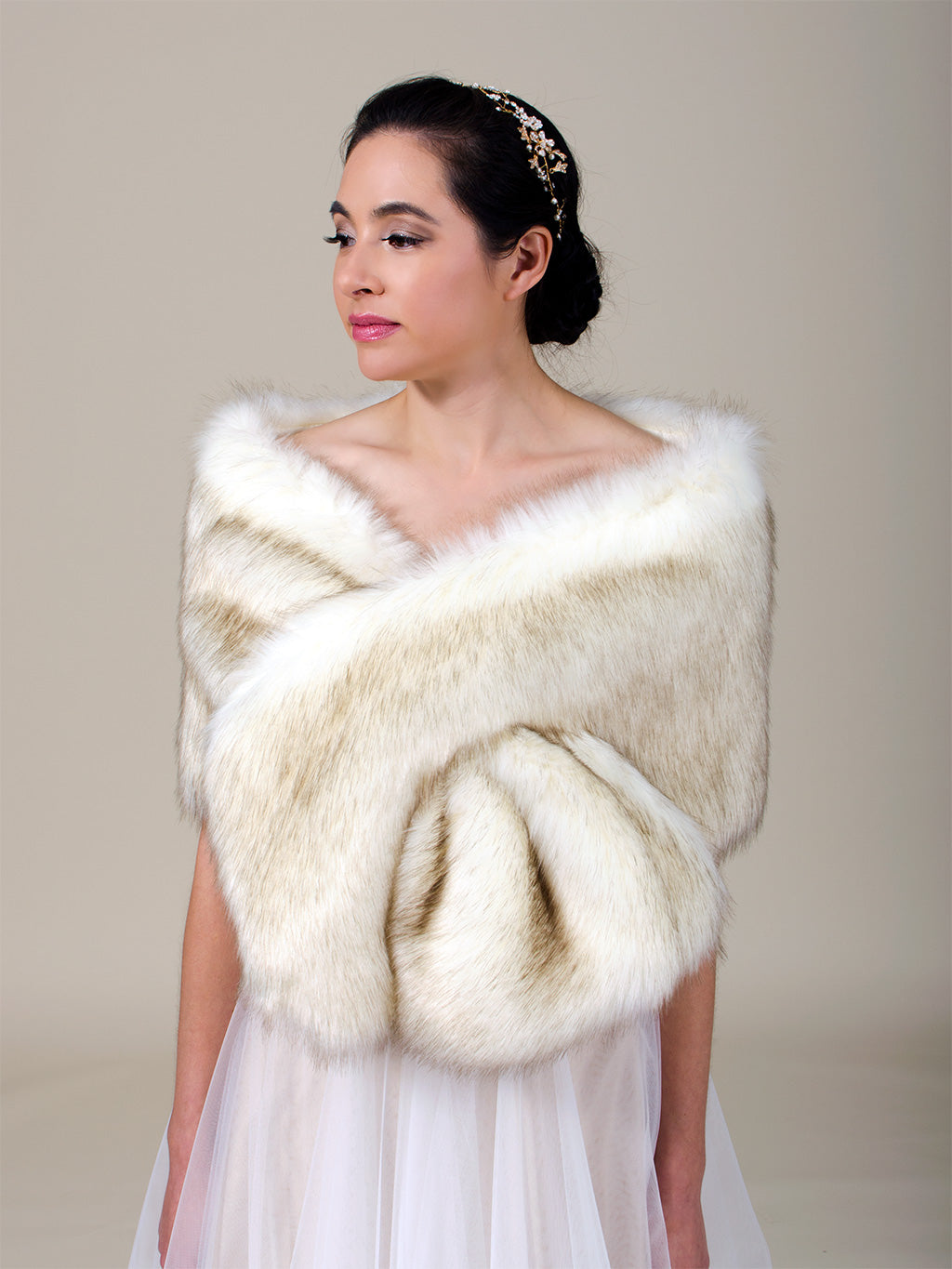 Ivory faux fur wrap bridal stole with brown tips