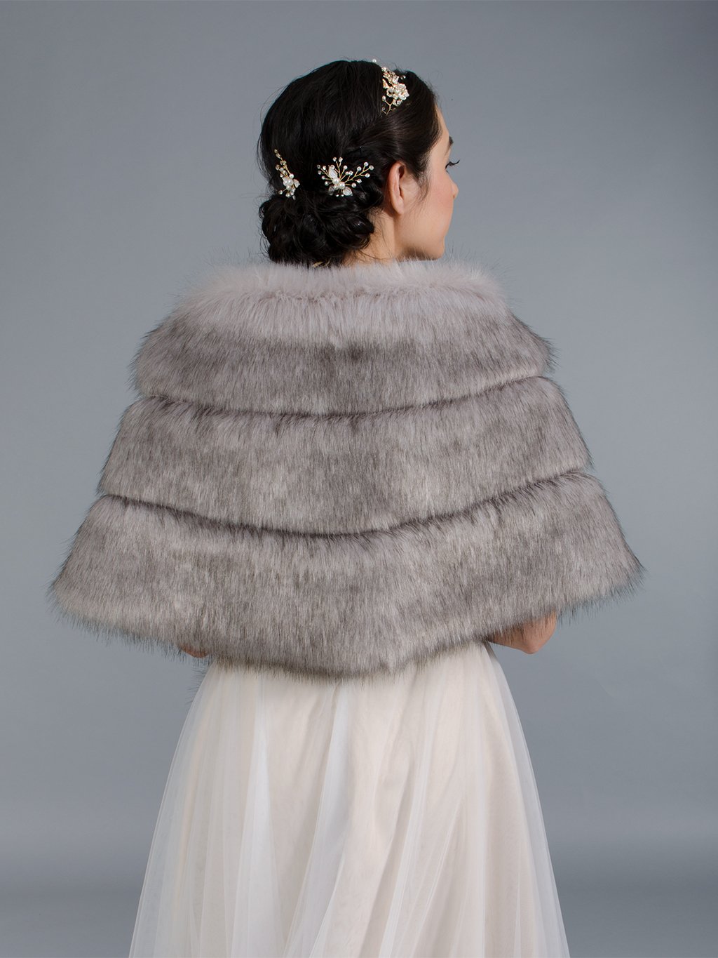 Gray faux fur stole bridal wrap with pocket