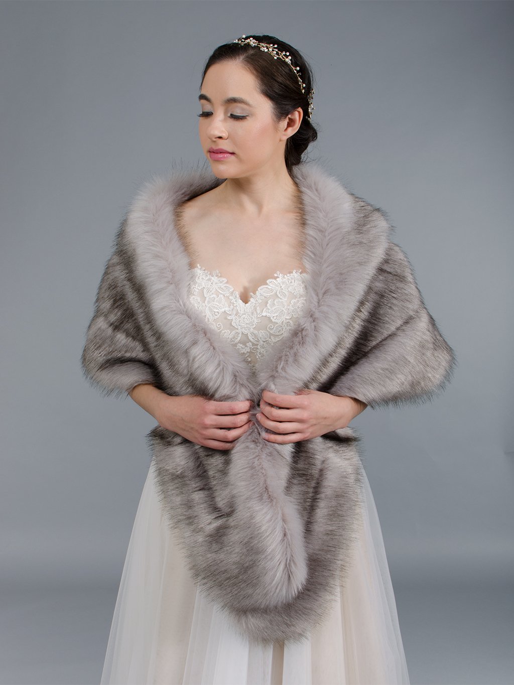 Gray faux fur stole bridal wrap with pocket