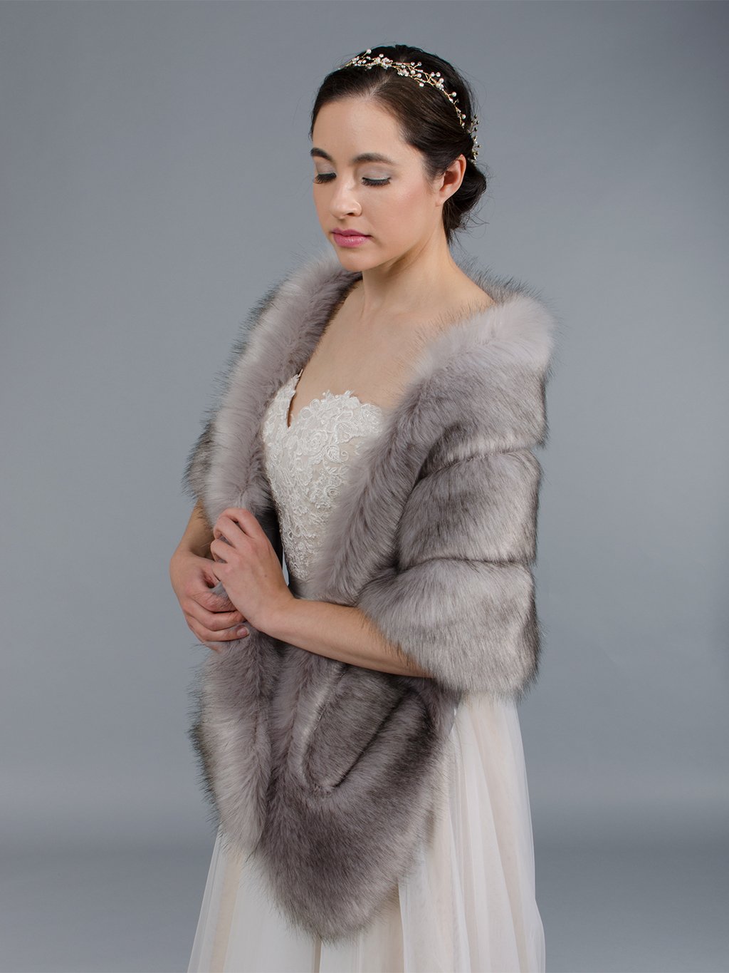 Gray faux fur stole bridal wrap with pocket