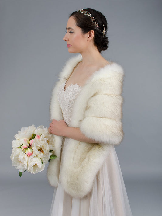 Ivory faux fur stole bridal wrap with pocket