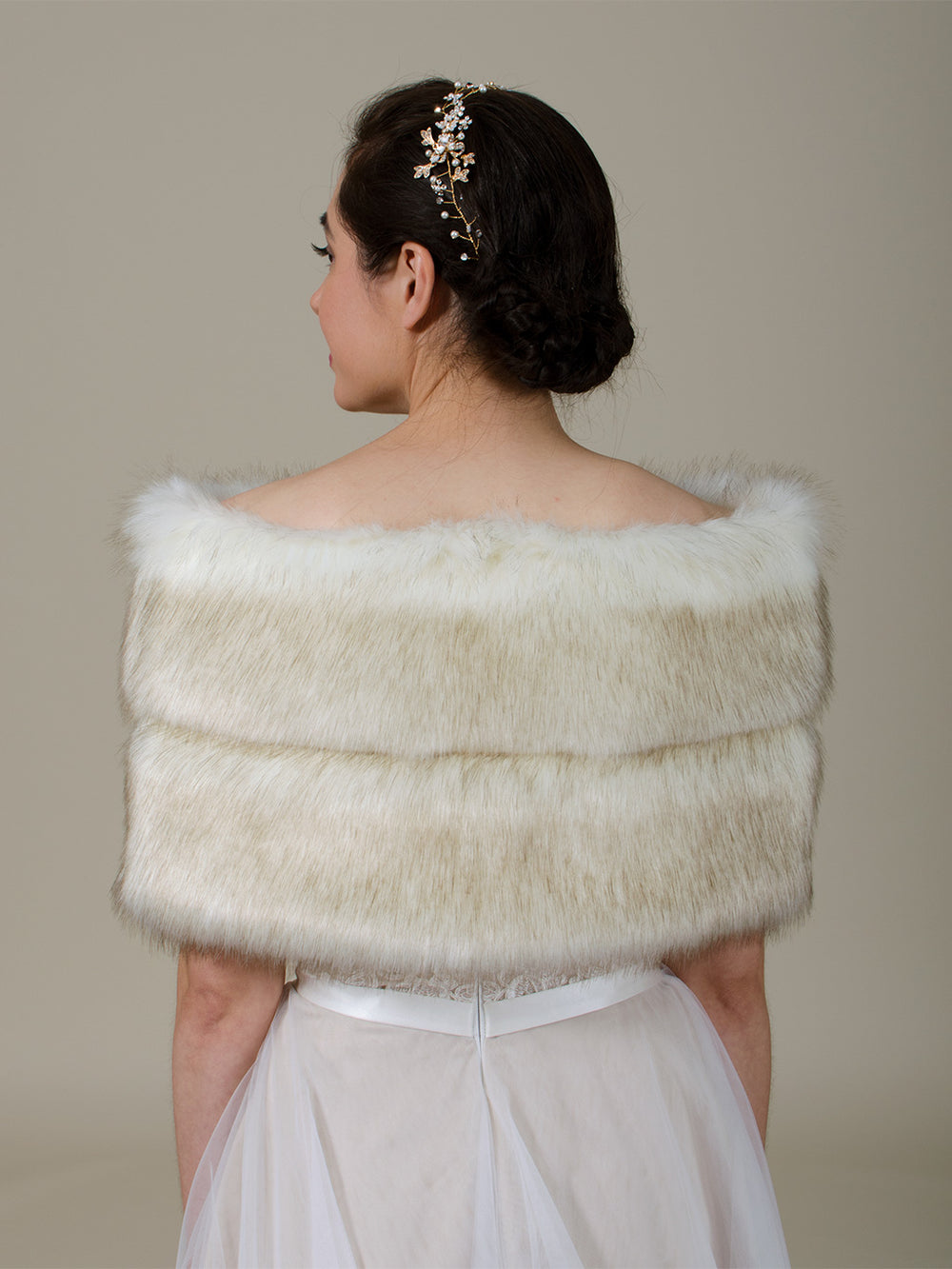 Ivory faux fur wrap bridal stole with Brown tips