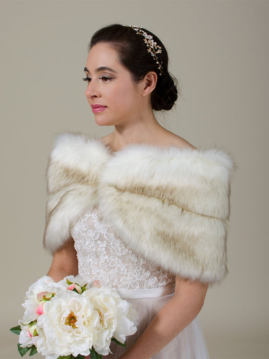 Ivory faux fur wrap bridal stole with Brown tips