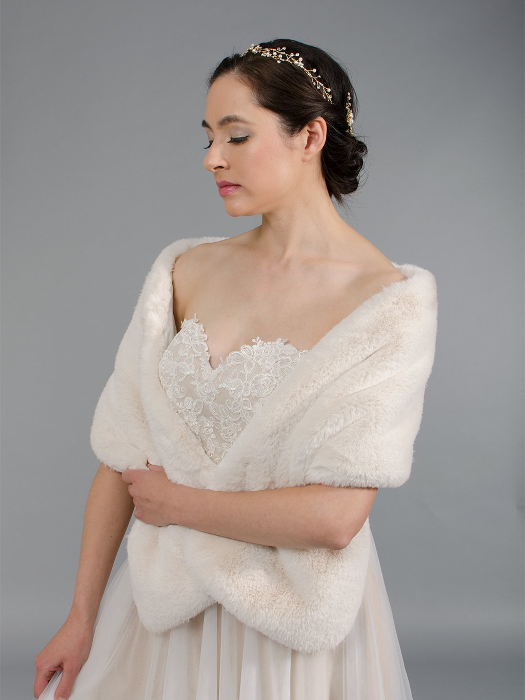 Blush light brown faux fur wrap bridal shawl