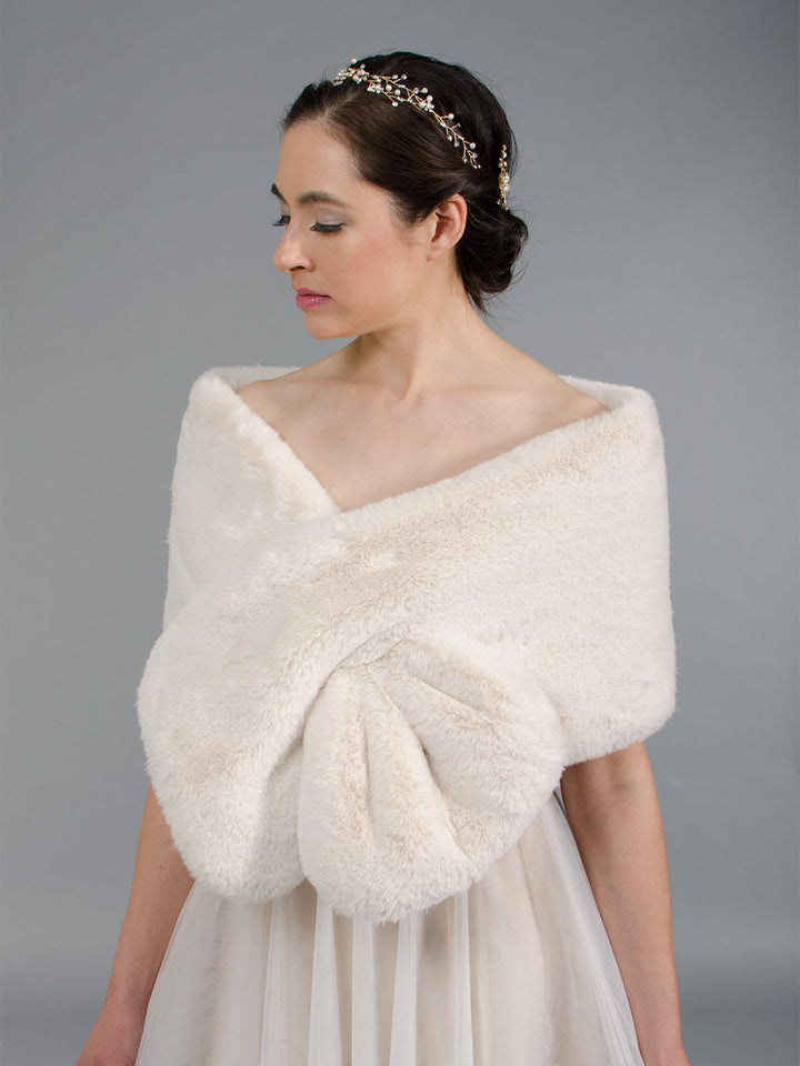 Blush light brown faux fur wrap bridal shawl