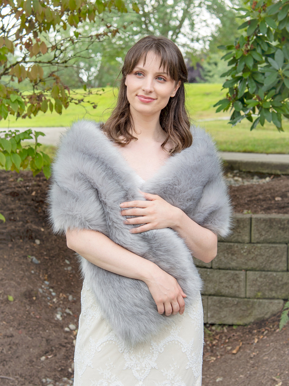 Gray faux fur wrap bridal shawl