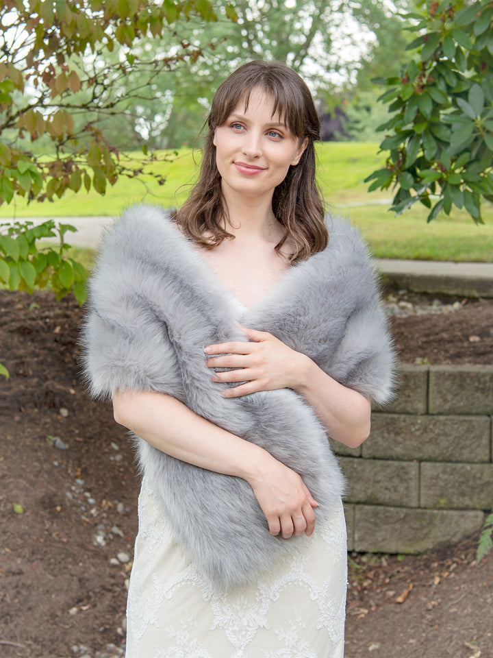 Gray faux fur wrap bridal shawl