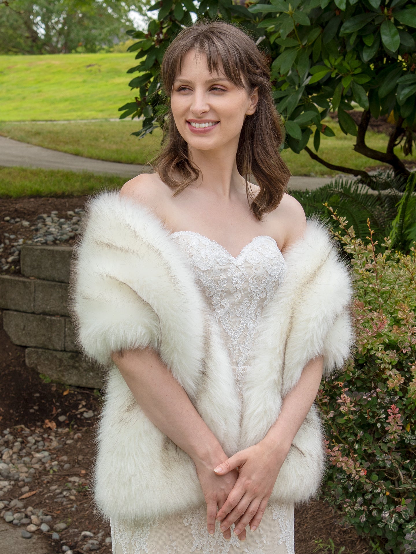 Ivory faux fur wrap bridal shawl with brown tips