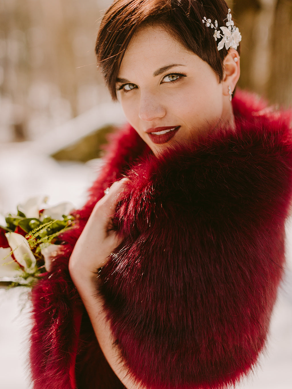 Burgundy faux fur wrap bridal stole - Main Image