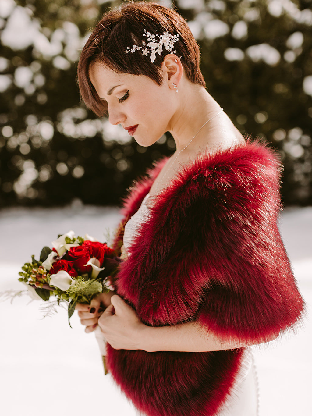 Burgundy faux fur wrap bridal stole