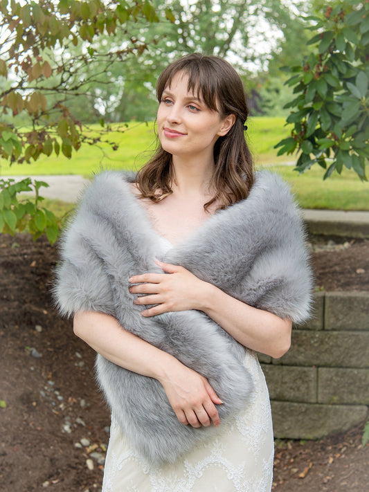 Gray faux fur wrap bridal shawl