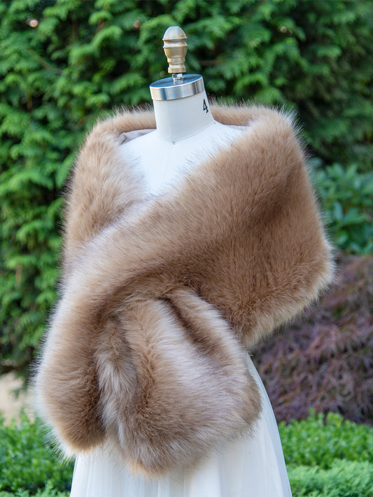 Honey brown faux fox fur wrap bridal shawl