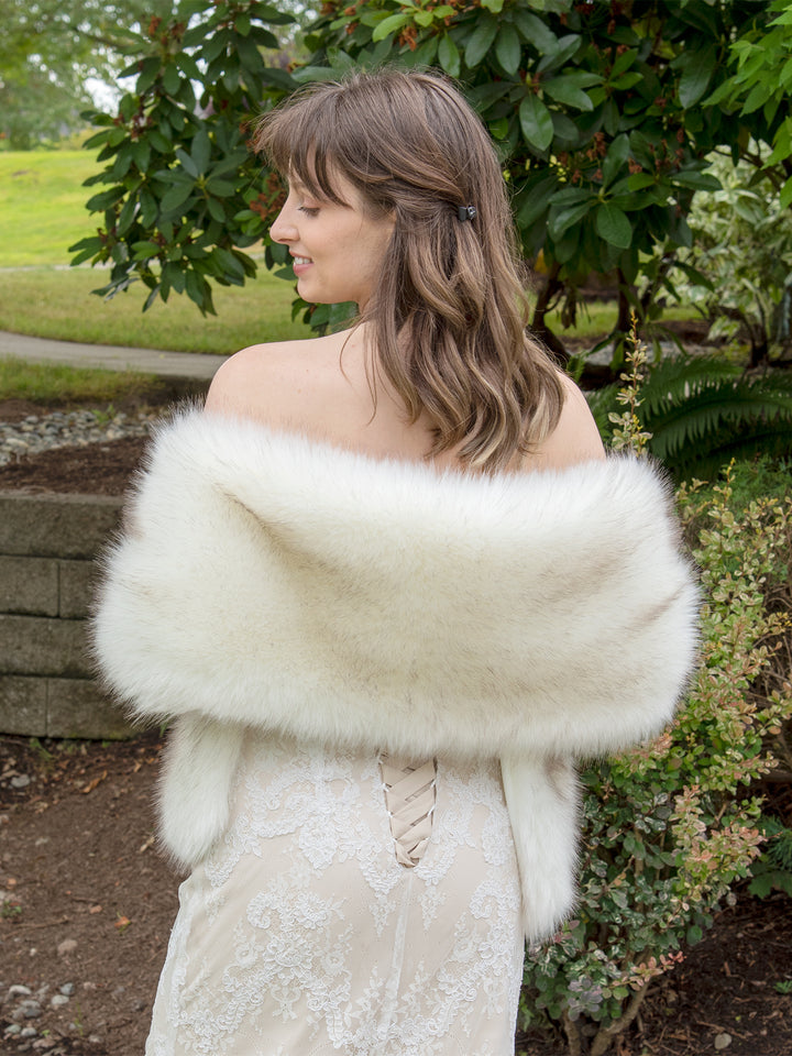 Ivory faux fur wrap bridal shawl with brown tips