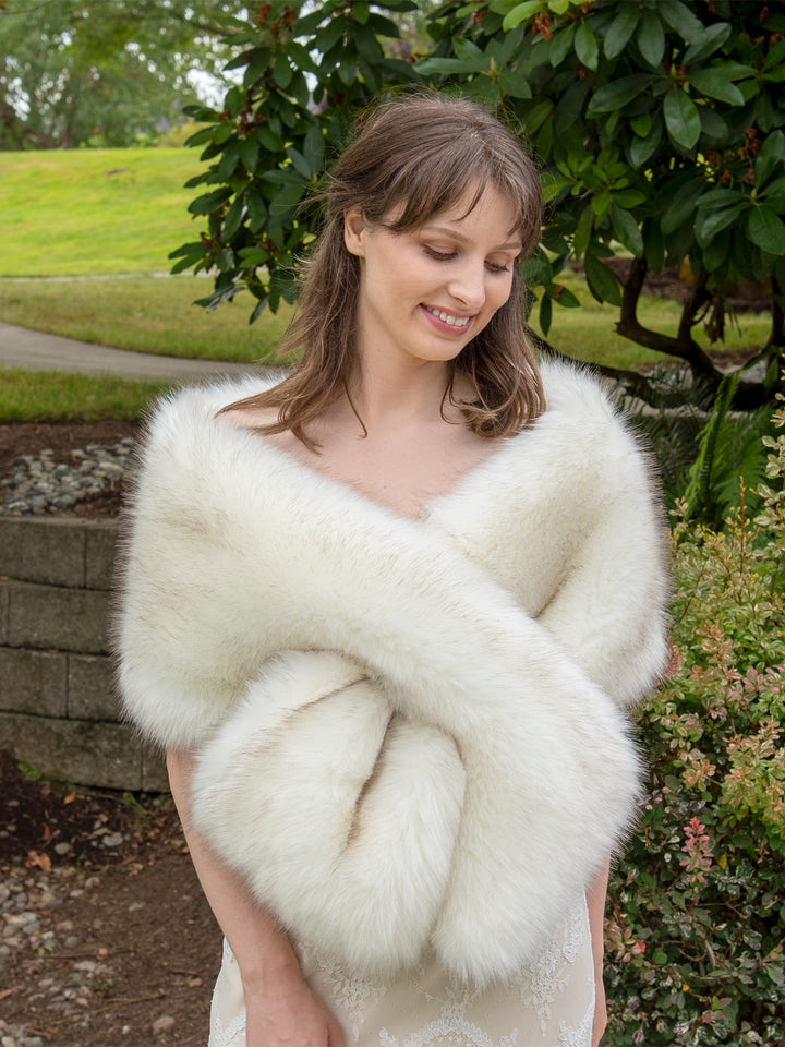 Ivory faux fur wrap bridal shawl with brown tips