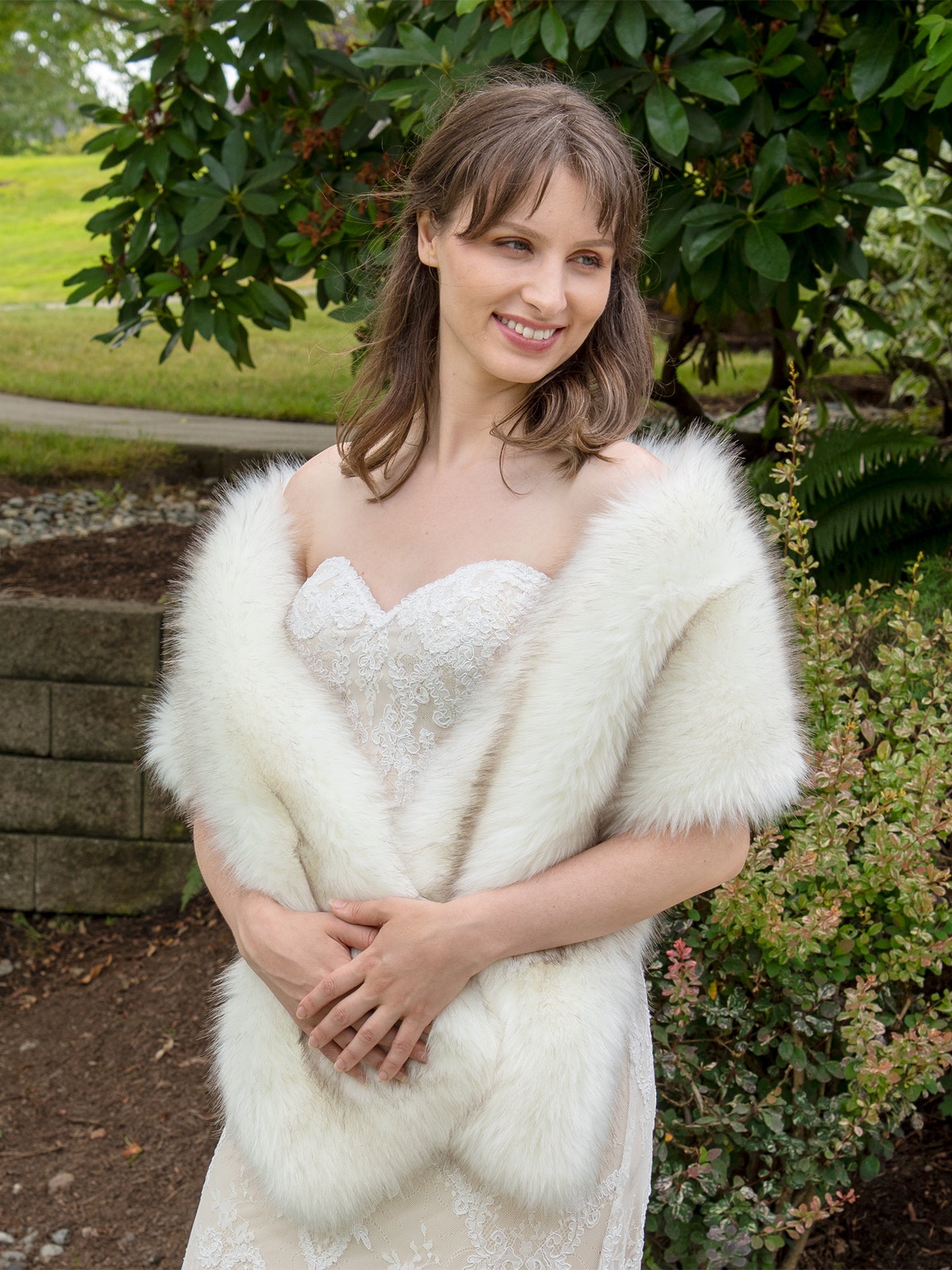 Ivory faux fur wrap bridal shawl with brown tips