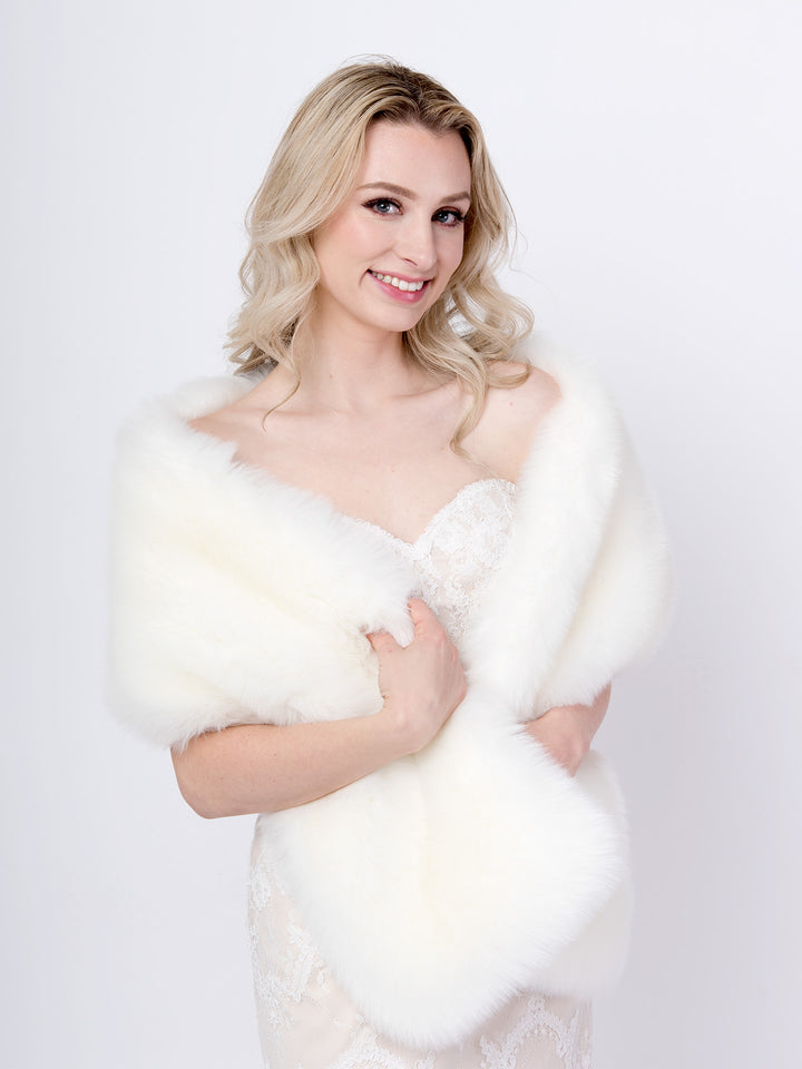 Light ivory faux fur wrap bridal shawl