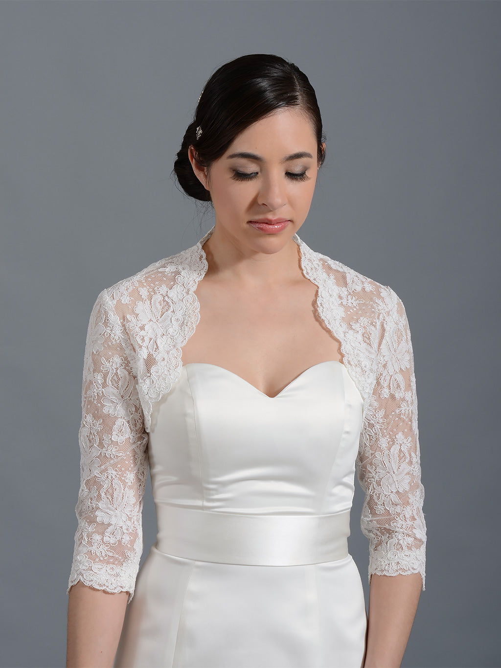 3/4 sleeve bridal alencon lace bolero jacket, White / Medium 3/4 sleeve bridal alencon lace bolero jacket, White / Medium