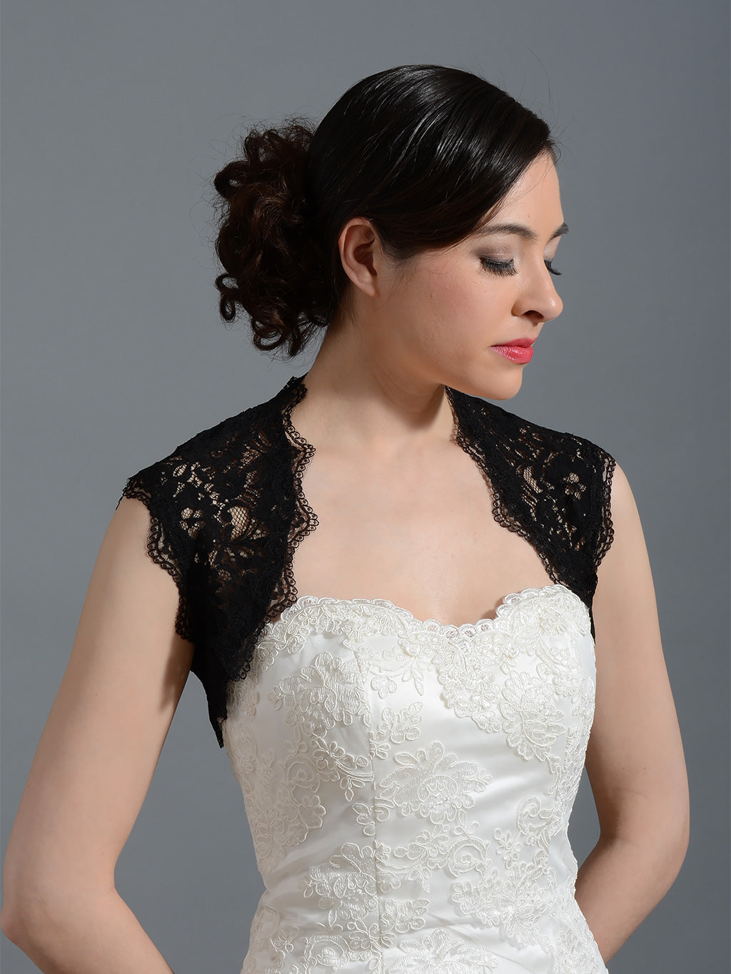 Black sleeveless bridal corded lace bolero jacket