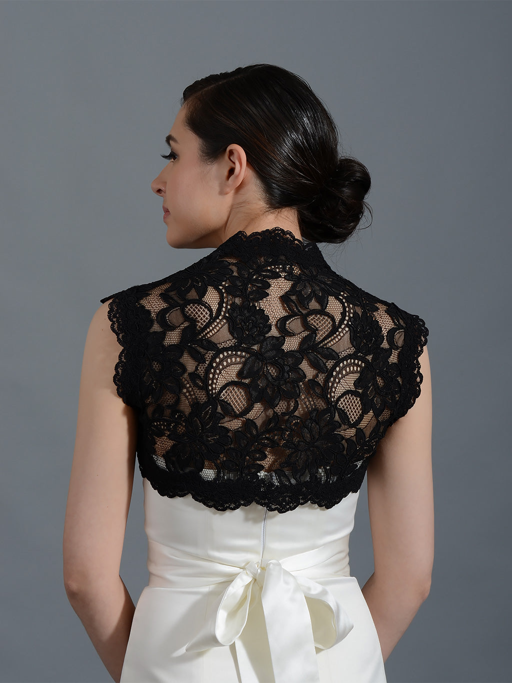 Black sleeveless bridal alencon lace bolero jacket