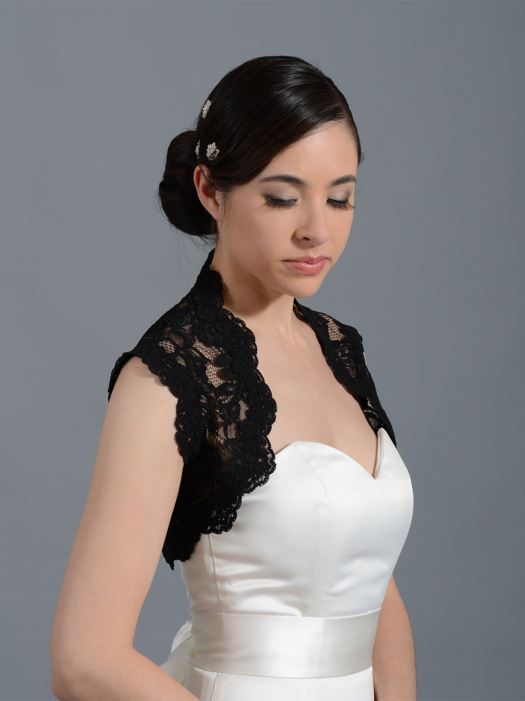 Black sleeveless bridal alencon lace bolero jacket