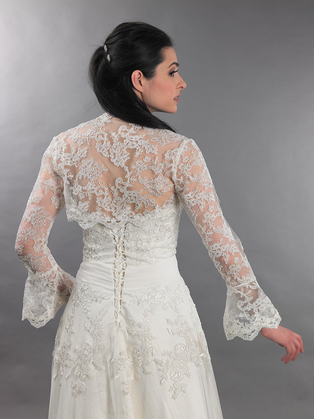 Ivory long bell sleeve bridal lace bolero jacket