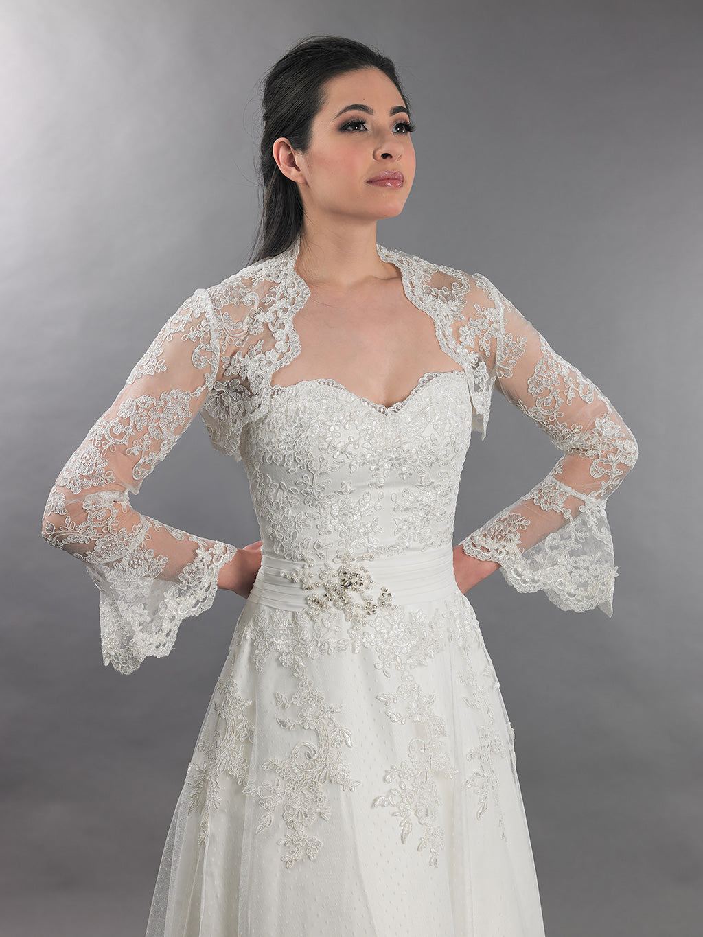 Ivory long bell sleeve bridal lace bolero jacket
