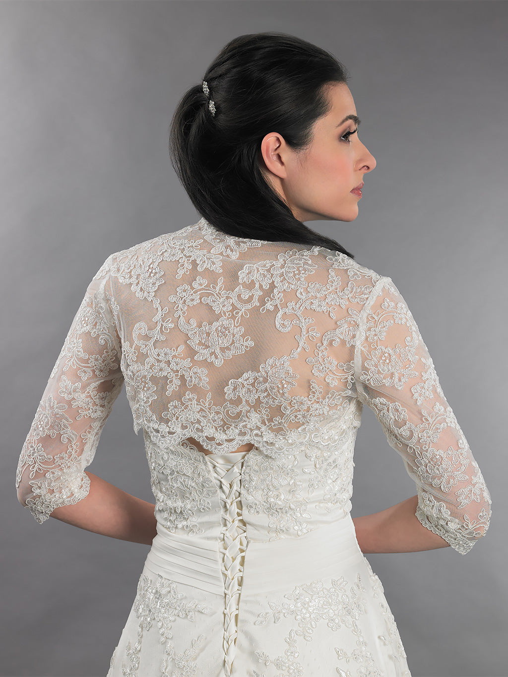 Bridal Bolero White Lace Jacket For Wedding Dress 3/4 Sleeve Ivory