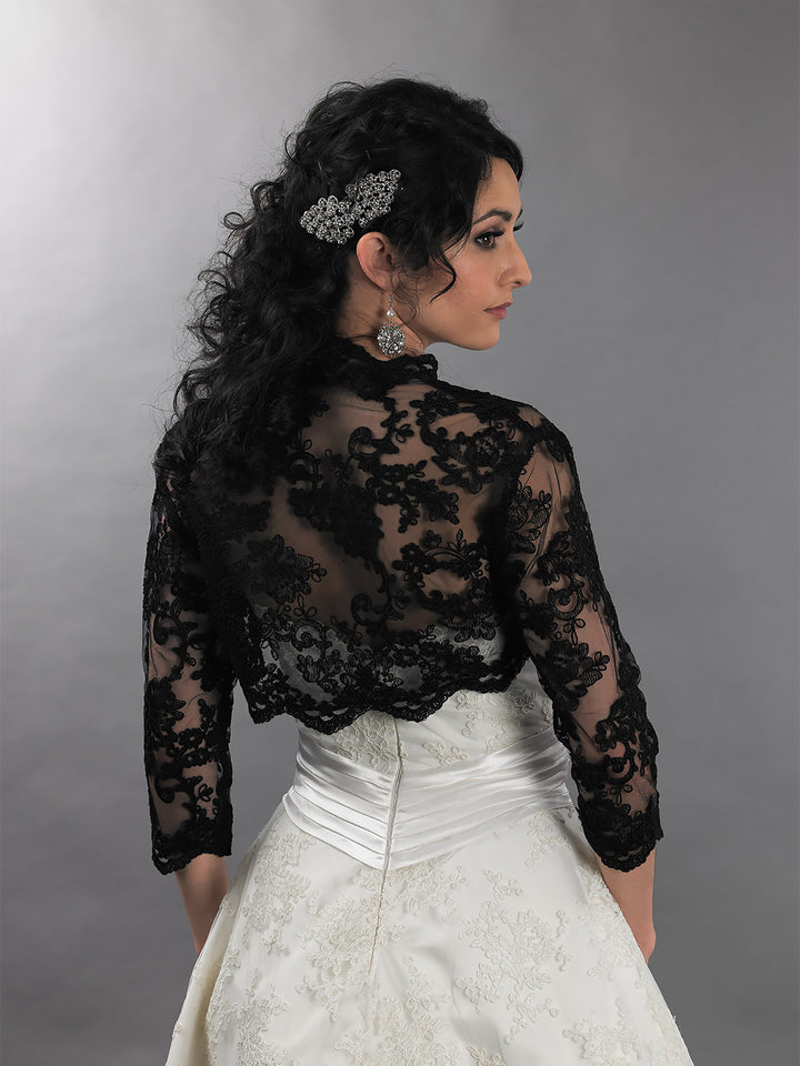 Black 3/4 sleeve re-embroidered lace wedding bolero