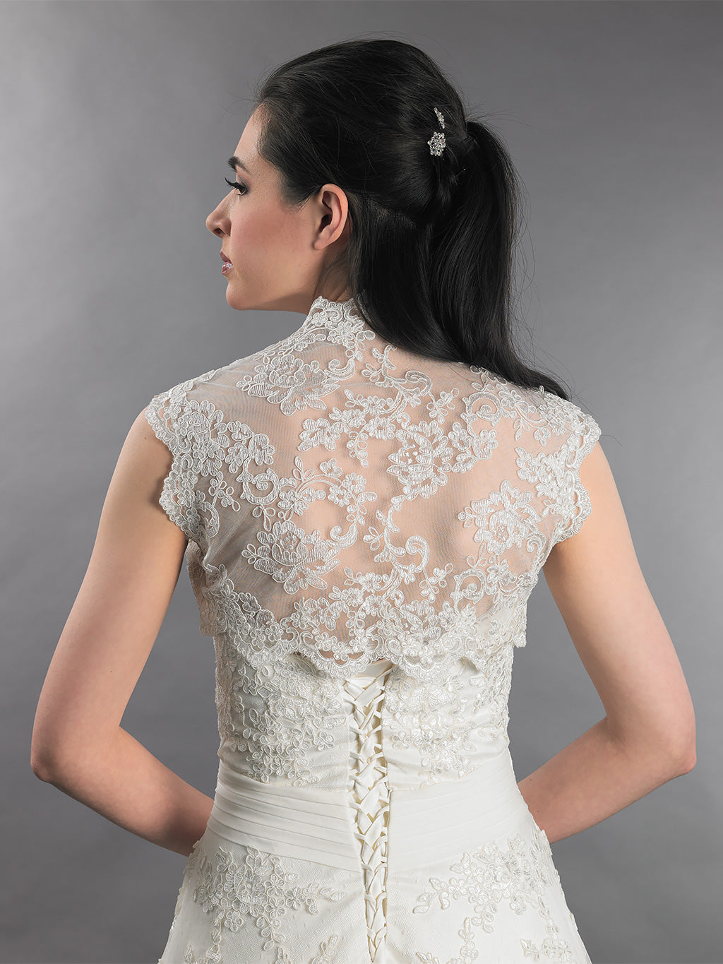 Sleeveless alencon lace bolero jacket ivory and white