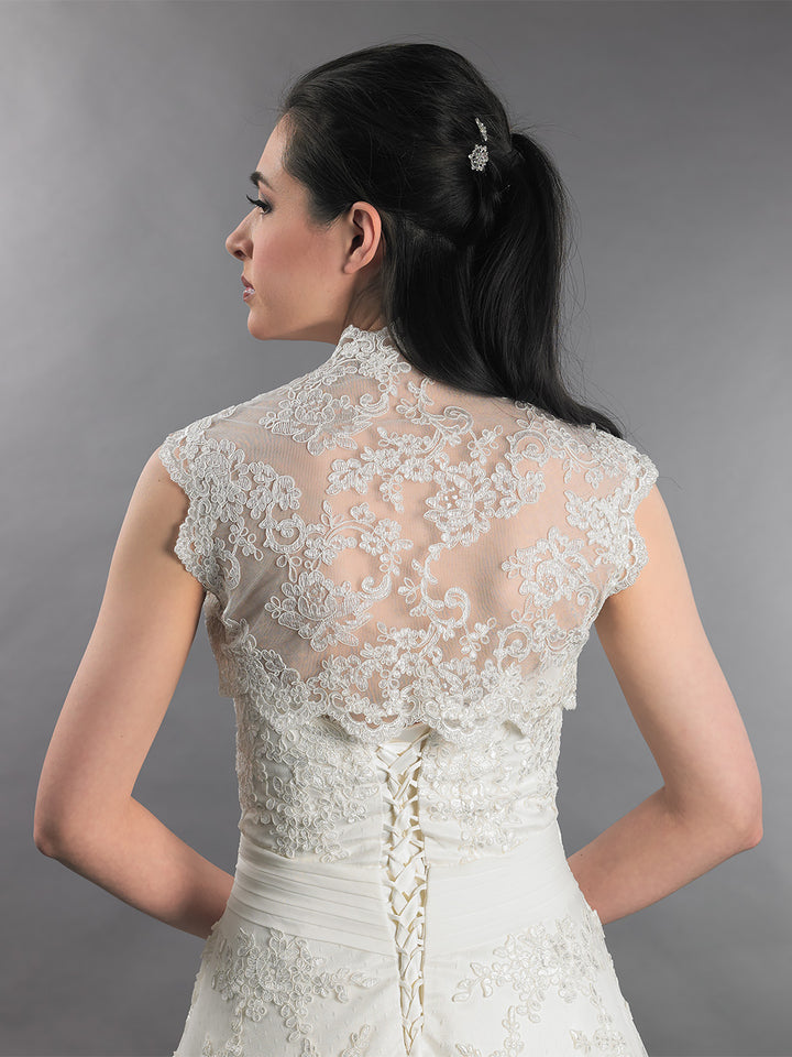 Sleeveless alencon lace bolero jacket ivory and white