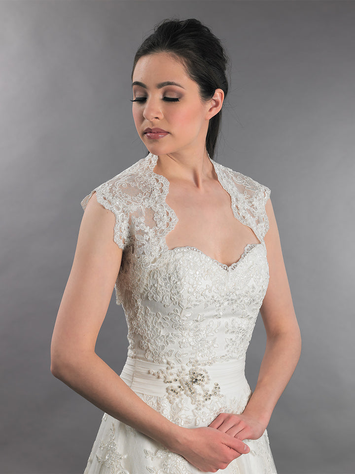 Sleeveless alencon lace bolero jacket ivory and white