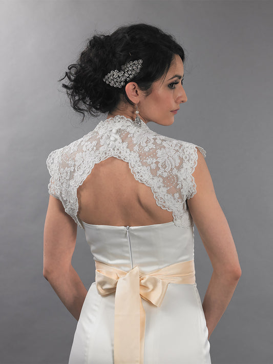 Sleeveless bridal keyhole back alencon lace bolero