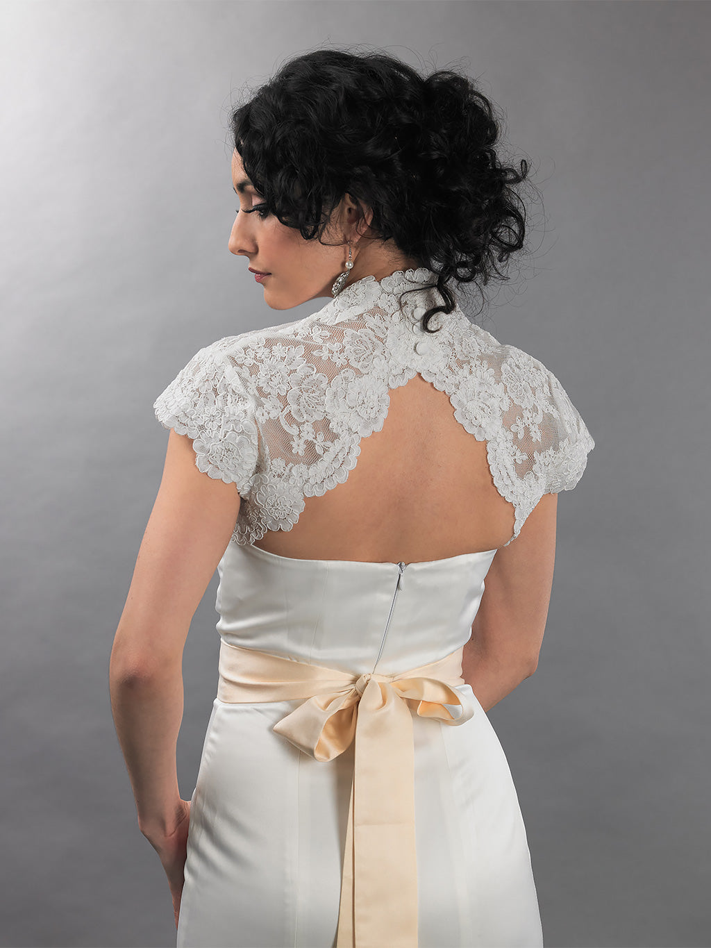 Cap sleeve alencon lace bolero jacket keyhole back