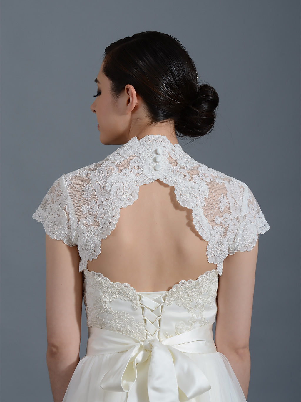 Ivory cap sleeve lace bolero jacket keyhole back