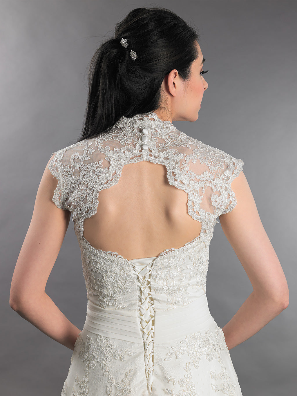 Sleeveless bridal keyhole back alencon lace bolero