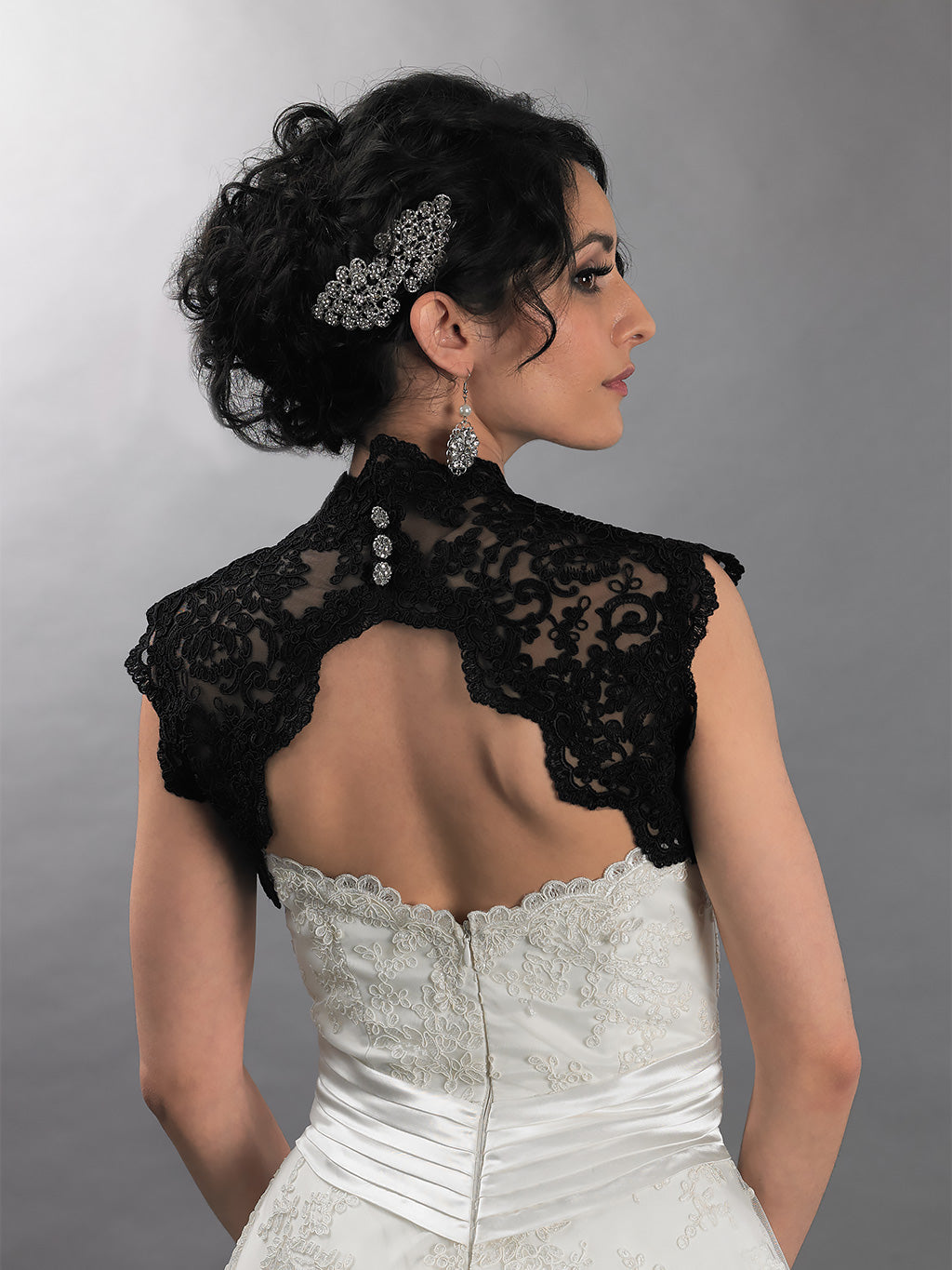 Black sleeveless bridal keyhole back alencon lace bolero