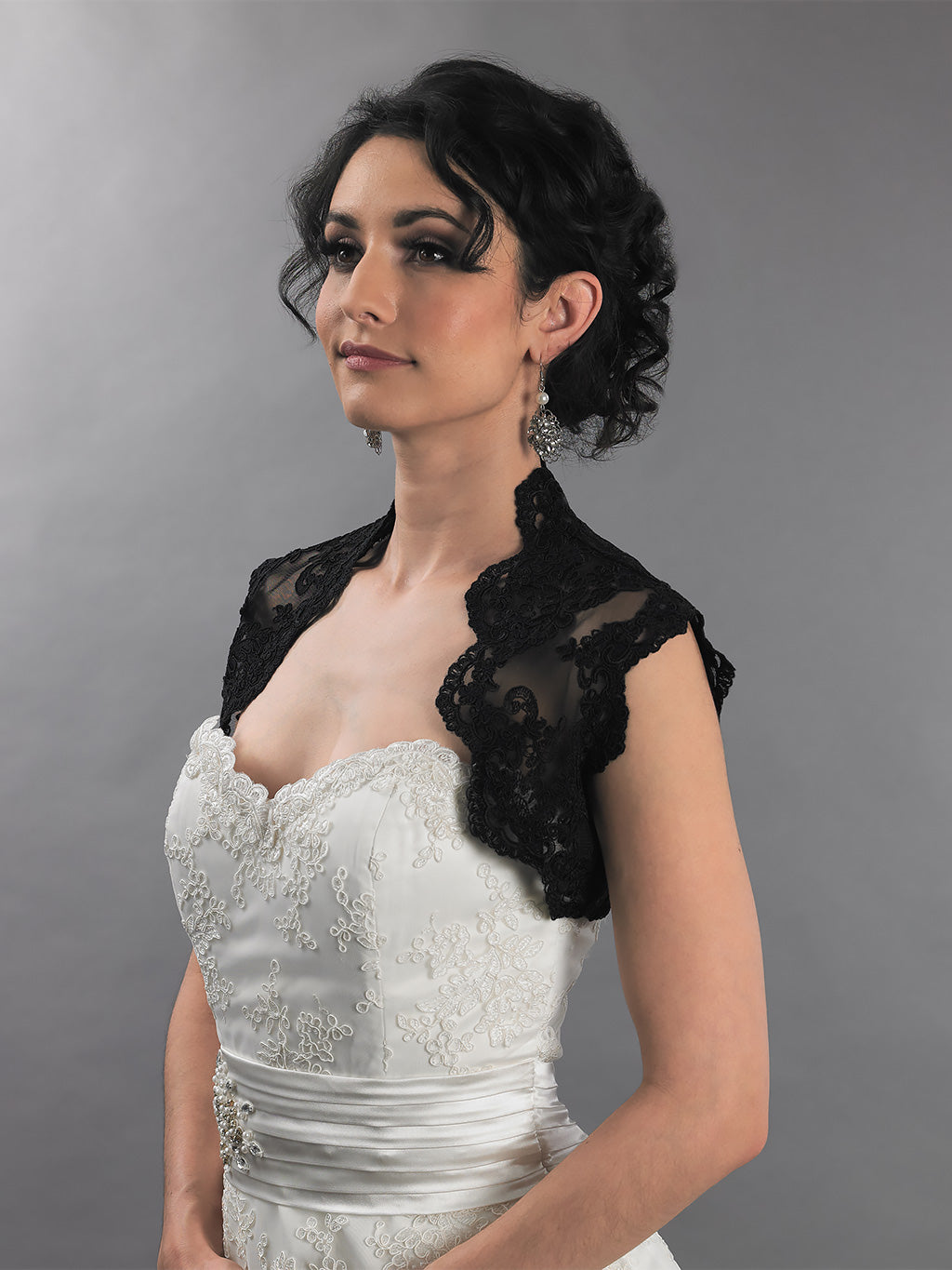 Black sleeveless bridal keyhole back alencon lace bolero