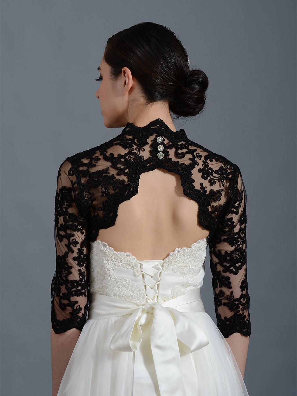 Black 3/4 sleeve alencon lace bolero with keyhole back