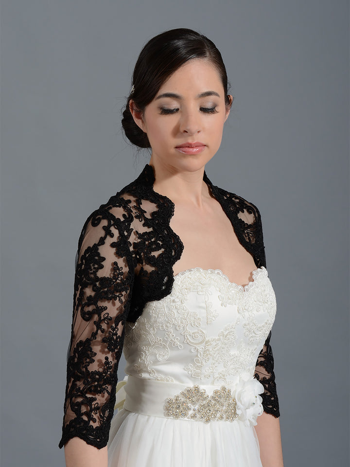 Black 3/4 sleeve alencon lace bolero with keyhole back