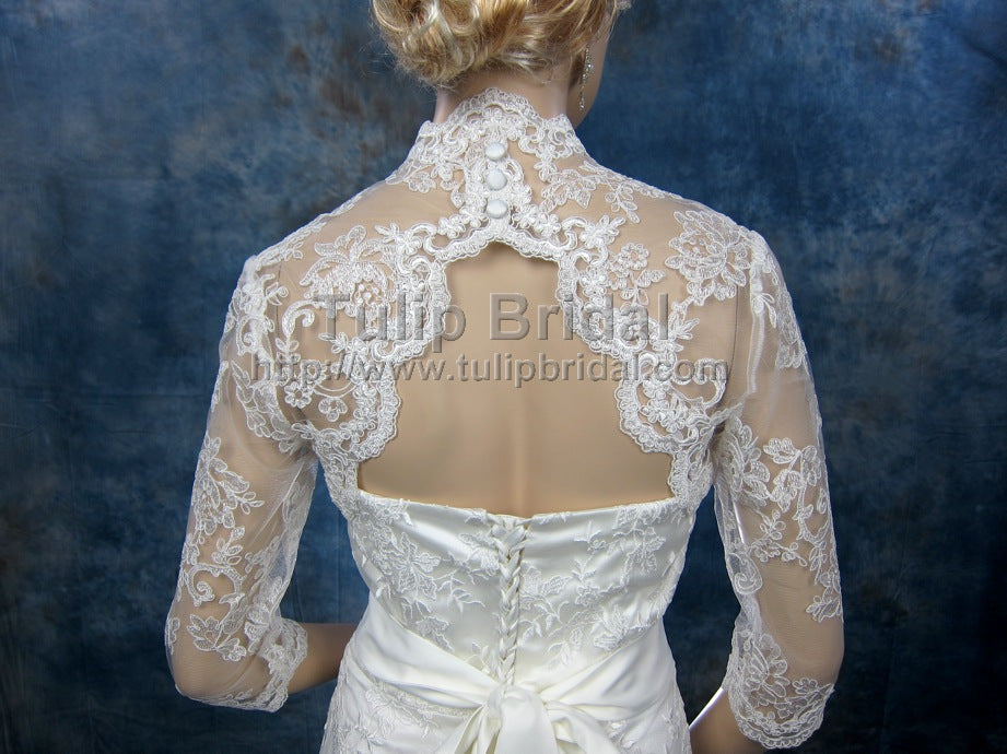 3/4 sleeve alencon lace bolero with keyhole back