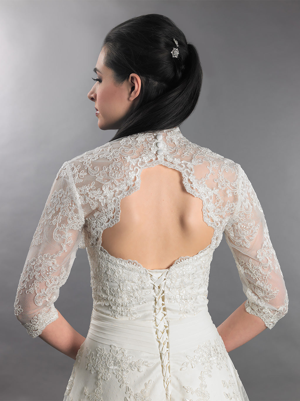 3/4 sleeve alencon lace bolero with keyhole back