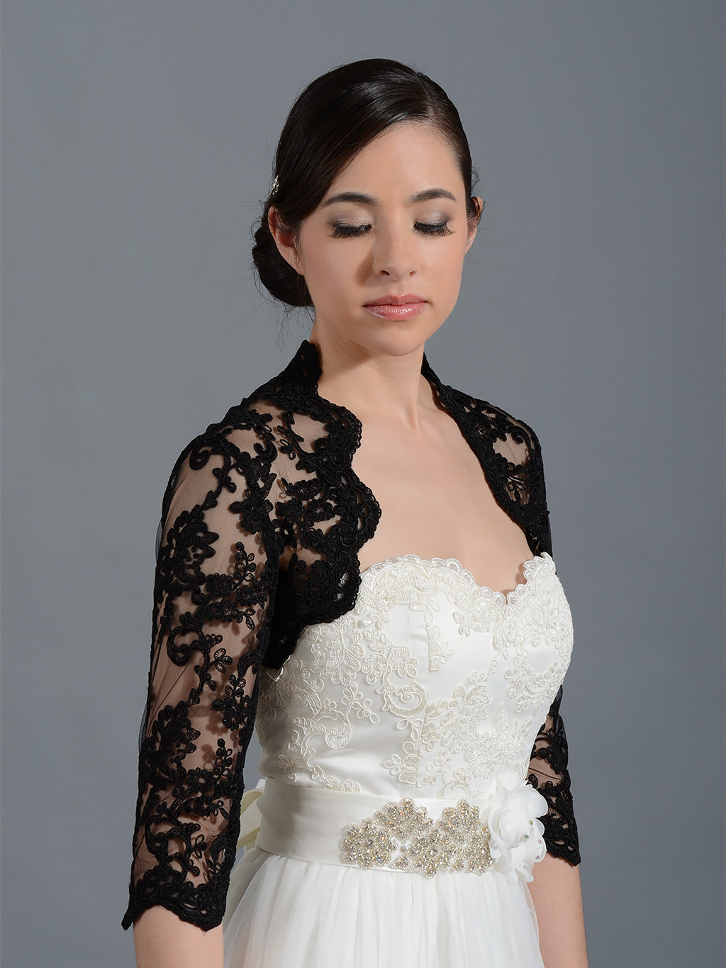 Black 3/4 sleeve re-embroidered lace wedding bolero