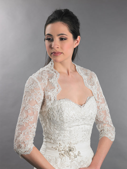 3/4 sleeve ivory bridal lace wedding bolero jacket