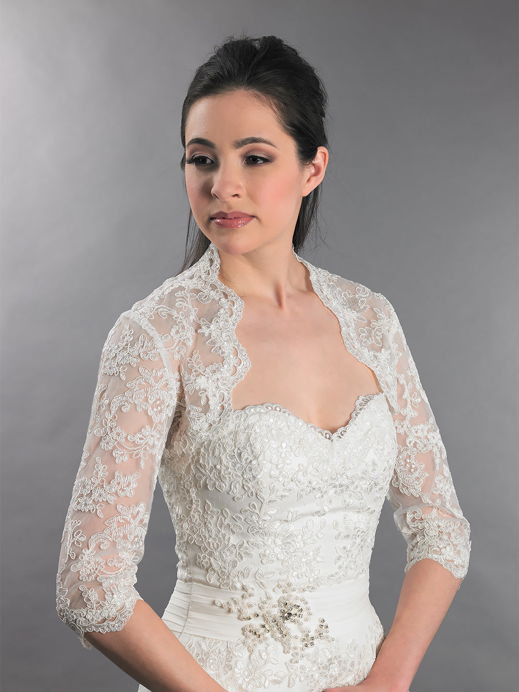 3/4 sleeve alencon lace bolero with keyhole back