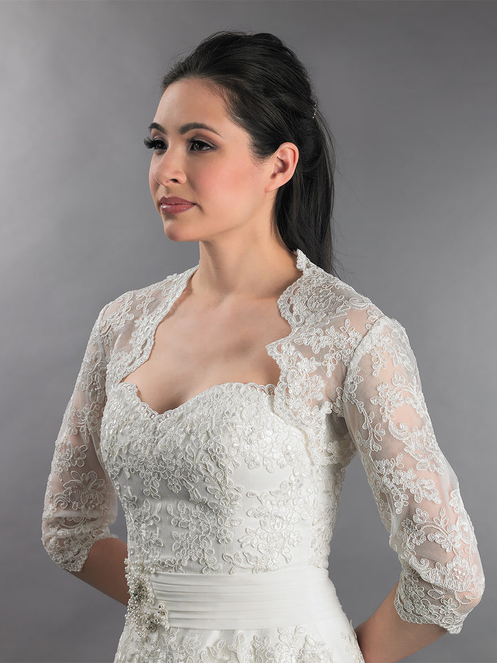 3/4 sleeve ivory bridal lace wedding bolero jacket