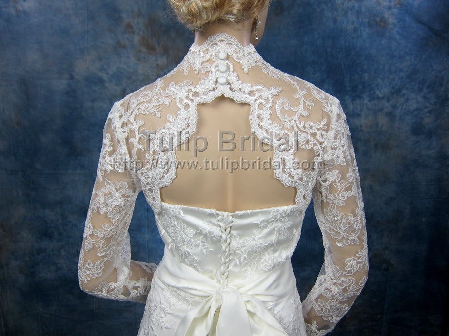 High Neck Long Sleeve Lace Jacket For Wedding Dress Wedding White